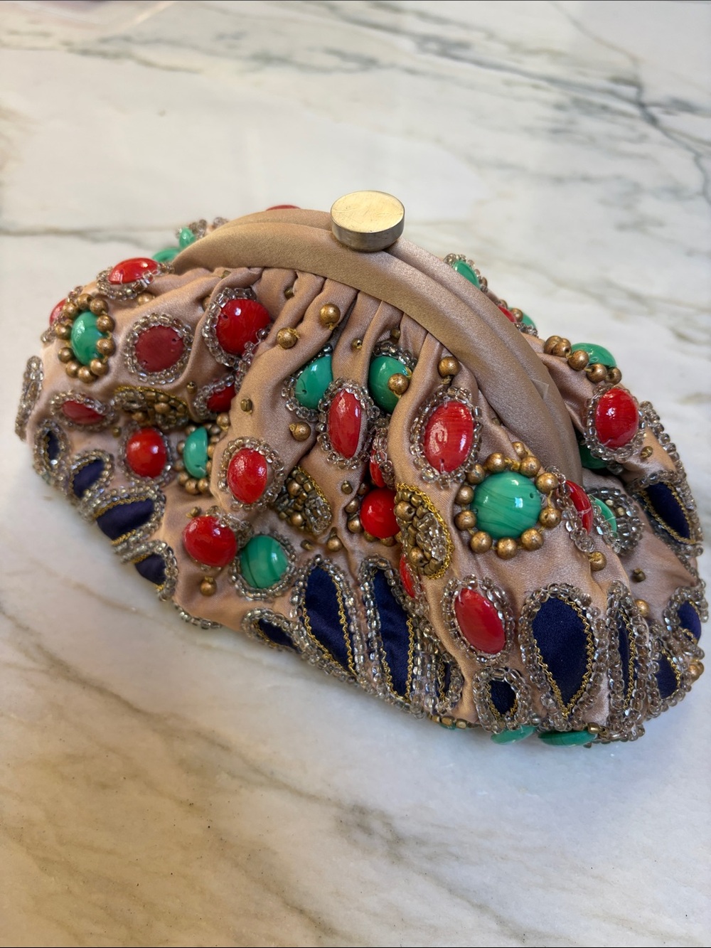 Santo beaded Embellished Floral Clutch, Beige, Turquoise & Red & Navy w chain